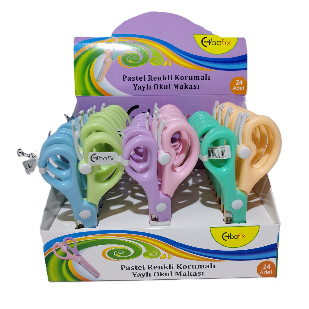 Bafix Okul Makası Korumalı Yaylı 13.5 Cm Pastel Renkli (24 Lü Paket)