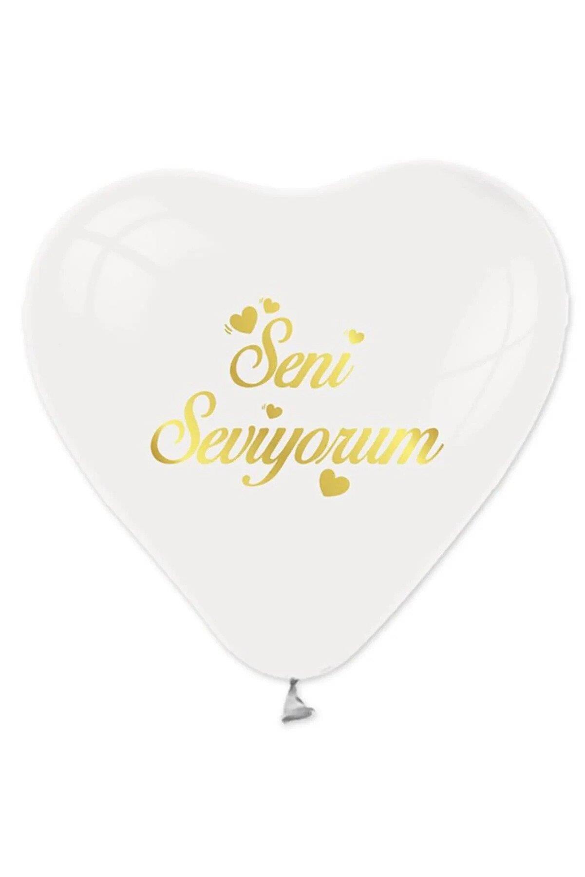 Balonevi Balon Gold Seni Seviyorum Baskılı 12" Beyaz Kalp Balon (100 Lü Paket)