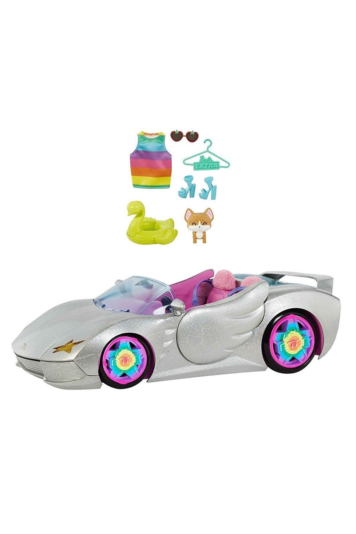 Barbie Extra Araba Işıltılı gümüş rengi iki kişilik araba yavru köpek ve evcil hayvan havuzu 1 üst giyim ve 2 çift ayakkabı 3 yaş ve üzeri 