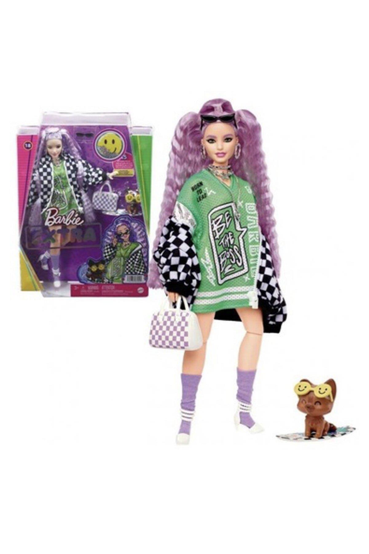 Barbie Extra Bebek Hayvan Dostu Yavru Köpek Büyük Beden Damalı Ceketiyle Ekstra Uzun Saçlı ve Bükülebilen Esnek Eklemli