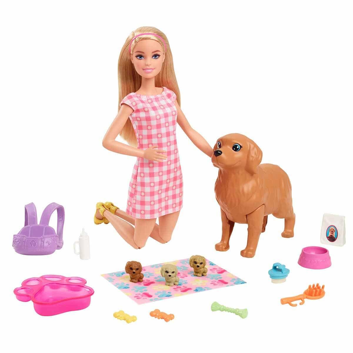 Barbie Ve Yeni Doğan Köpekler Oyun Seti Barbie Bebek Sarışın 29 Cm Yavrulayabilen Anne Köpek 3 Yavru Köpek Ve Aksesuarlar