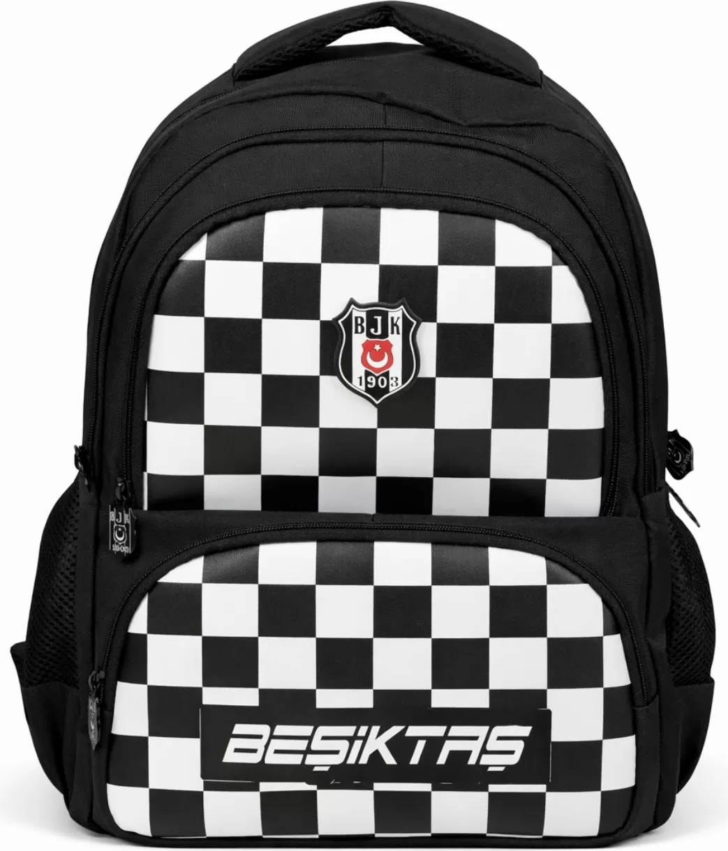 Beşiktaş Lisanslı 4 Bölmeli Dama Desenli Okul Çantası - Rubber Logolu Su Itici Kumaşlı Okul Sırt Çantası