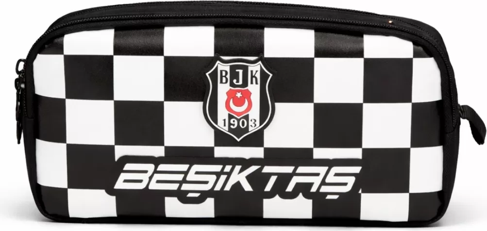 Beşiktaş Lisanslı Çift Bölmeli Dama Desenli Kalemlik - Rubber Logolu Su Itici Kumaşlı Kalem Çantası
