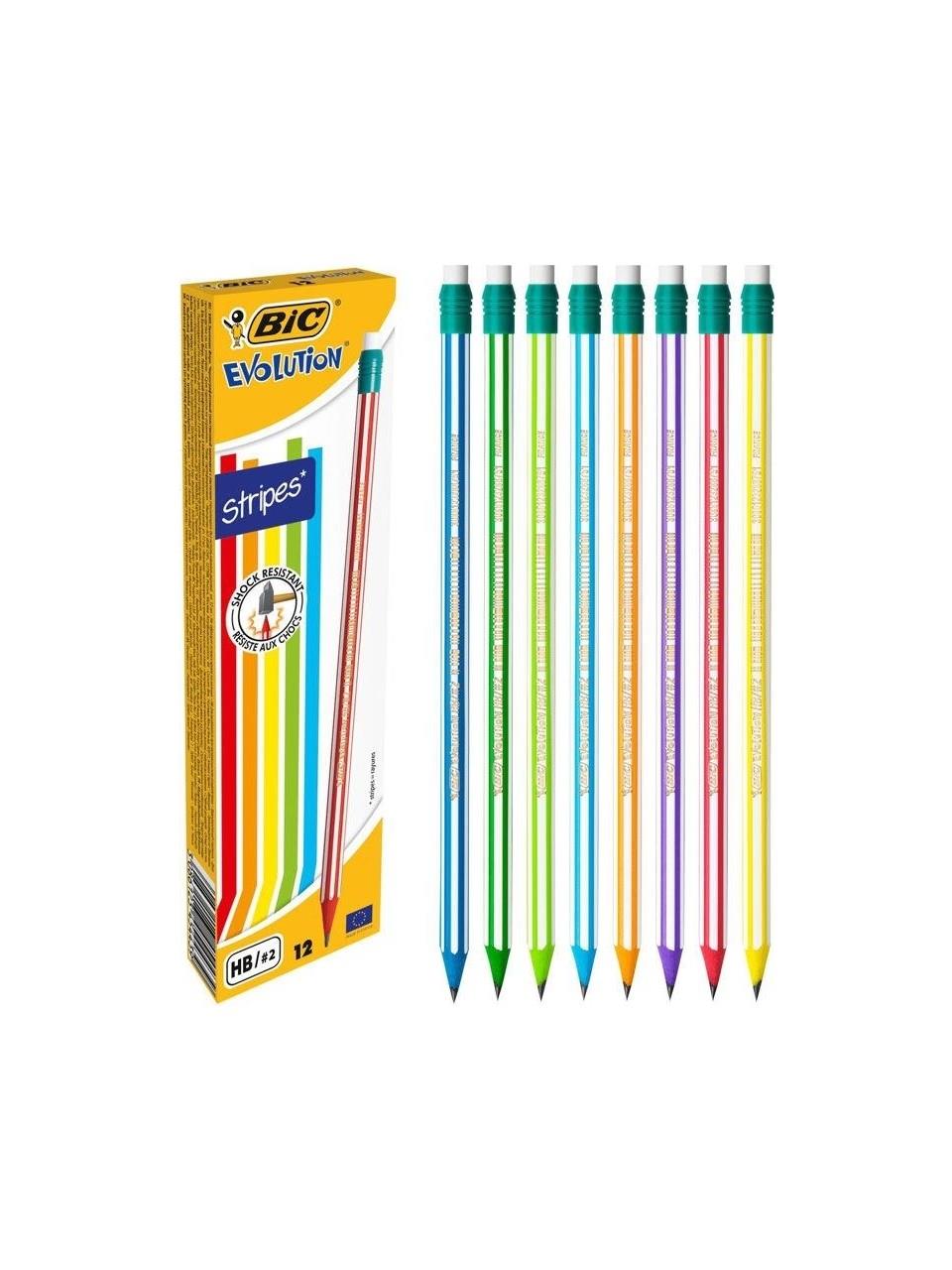 Bic Evolution Stripes Renkli Silgili Kurşun Kalem 12'li Kutu 1 Adet Altıgen Gövdeli
