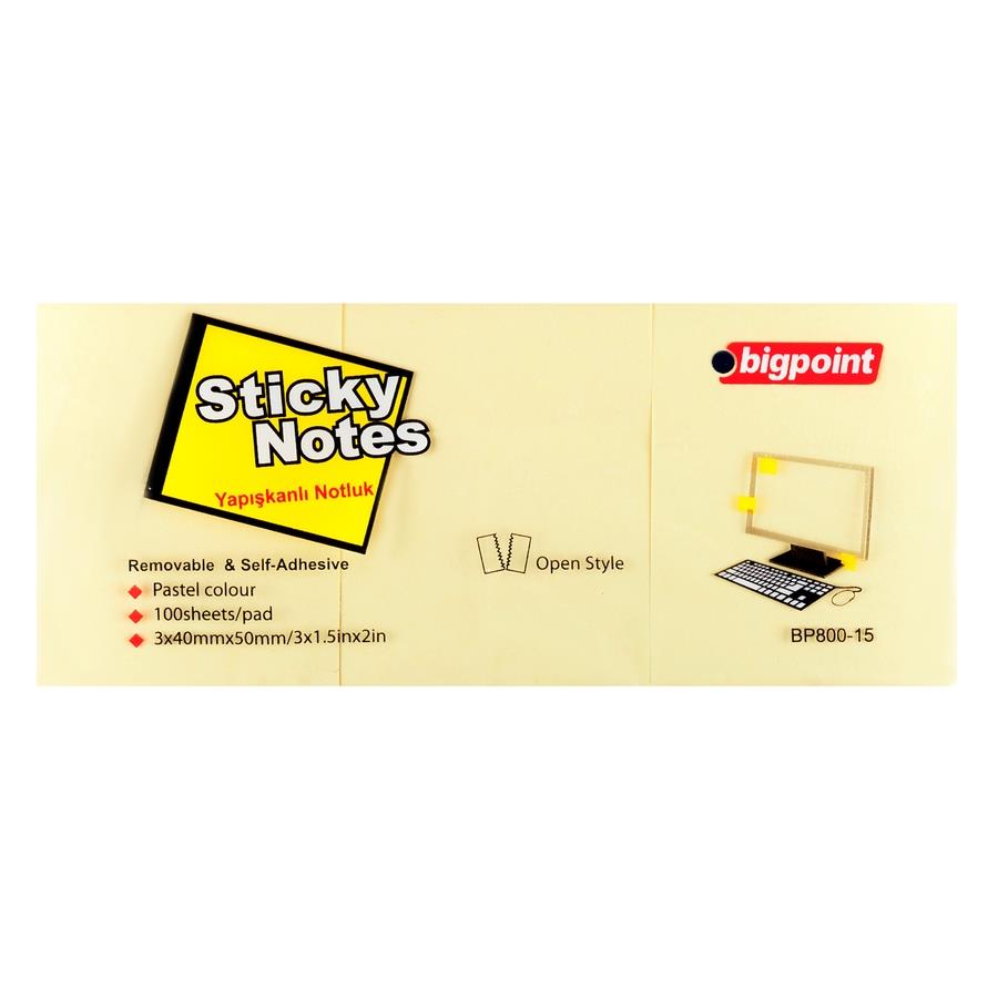 Bigpoint Yapışkanlı Not Kağıdı 3 Lü 40 mm x 50 mm Sarı (4 Lü Paket)