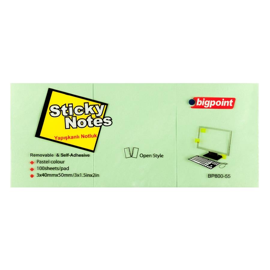 Bigpoint Yapışkanlı Not Kağıdı 3 Lü 40 mm x 50 mm Yeşil (4 Lü Paket)
