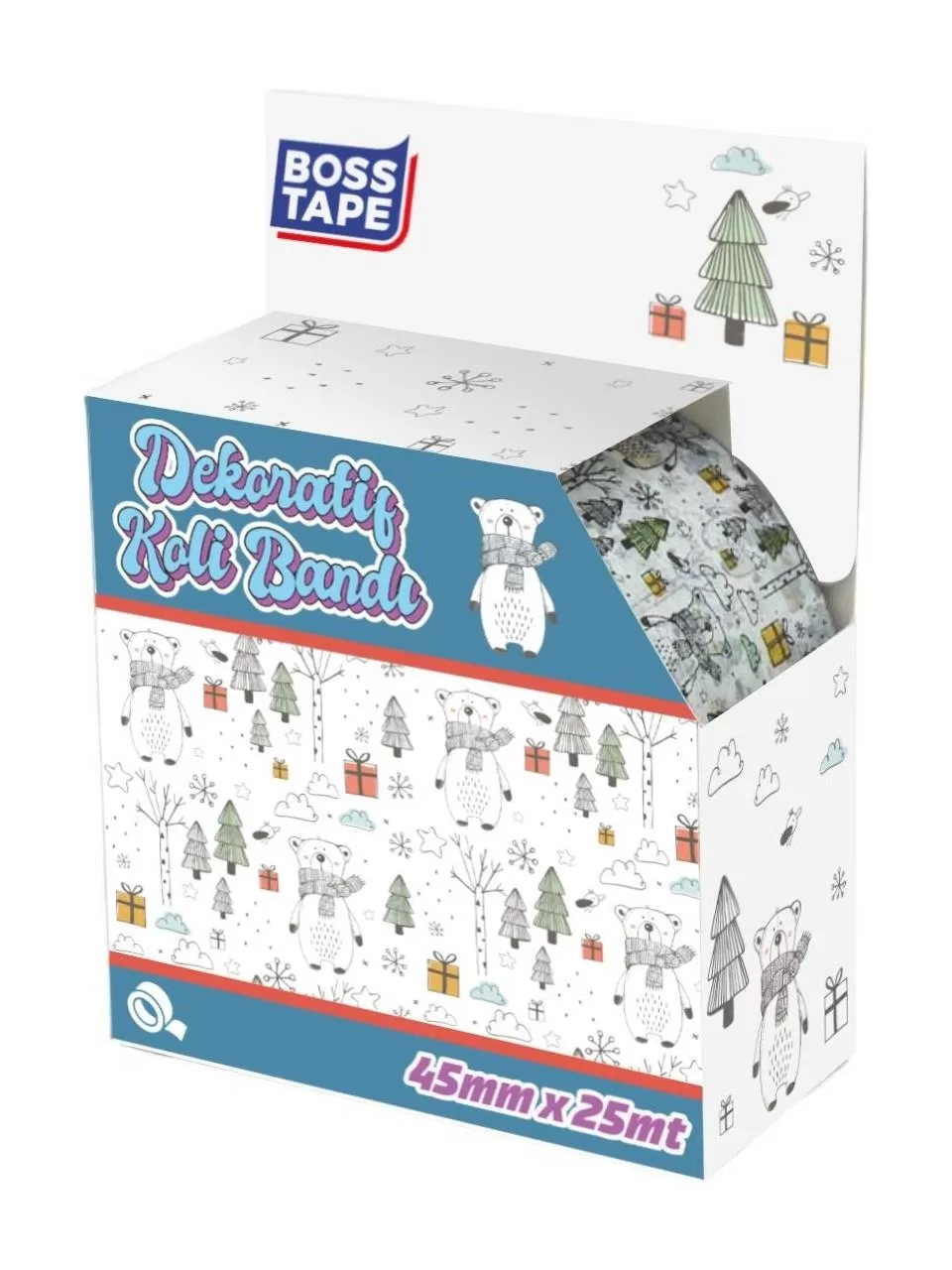 Boss Tape Dekoratif Ambalaj Paketleme Ayıcık Desenli Baskılı Koli Bandı 45 MM x 25 Metre