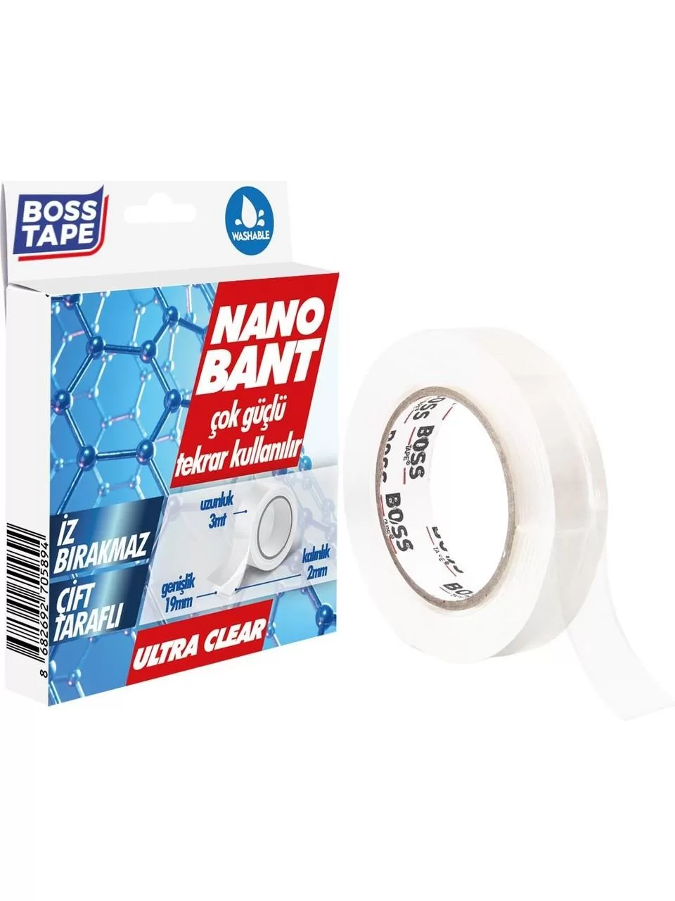 Boss Tape Nano Bant 3 Metre Çok Güçlü Çift Taraflı Şeffaf Yıkanabilir 19 mm x 3 Metre