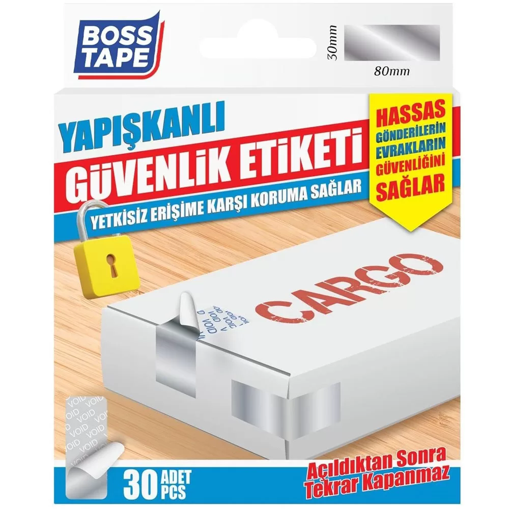 Boss Tape Yapışkanlı Açıldığından İz Bırakan Güvenlik Etiketi 30 Adet (30 MM x 80 MM)