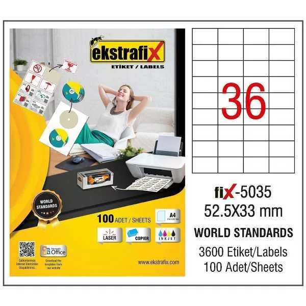 Ekstrafix Laser Etiket 100 Yaprak 52.5 x 33 mm Lazer Yazıcı Etiketi