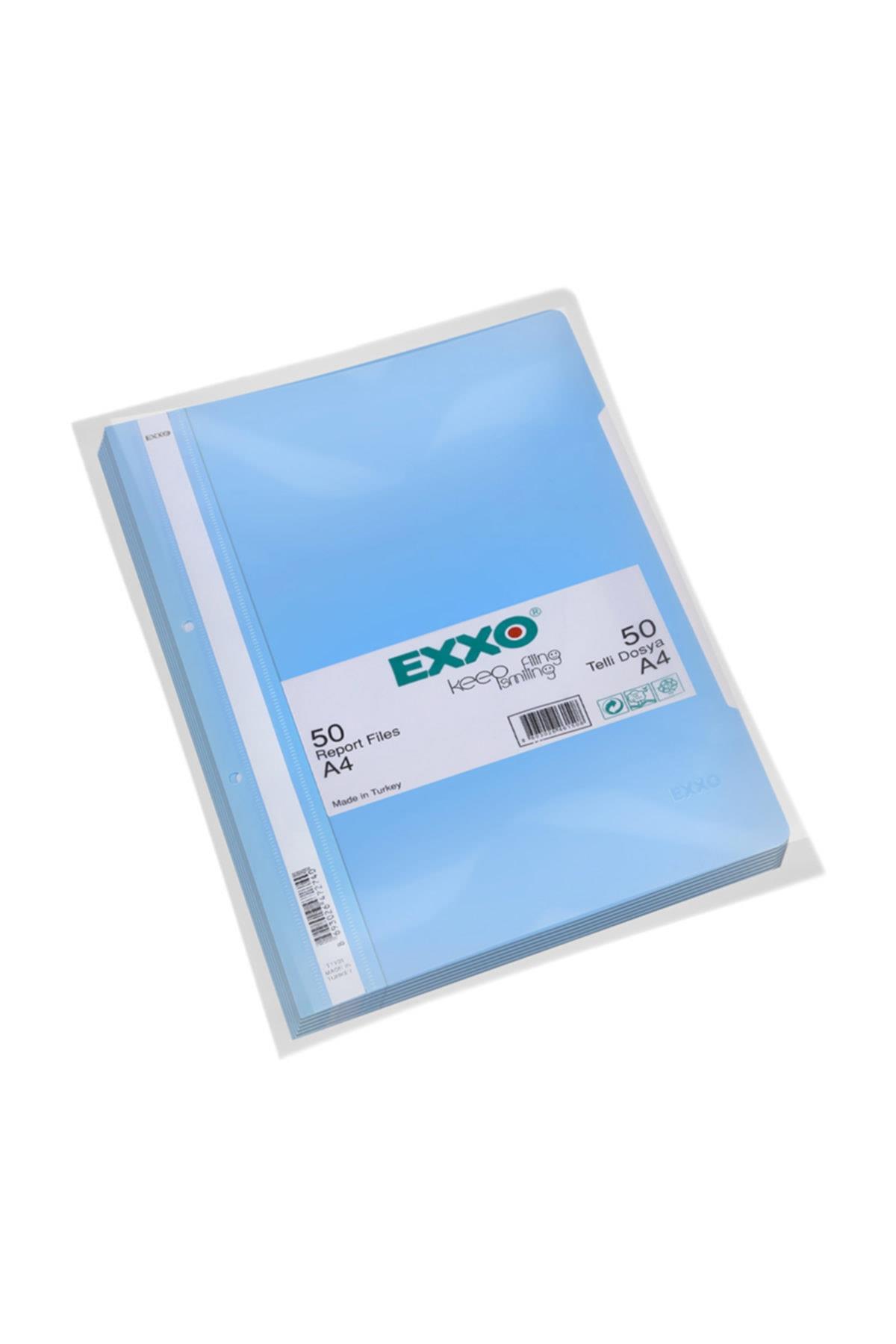 Exxo Telli Dosya Plastik A4 Açık Mavi Telli Dosya (50 Li Paket)