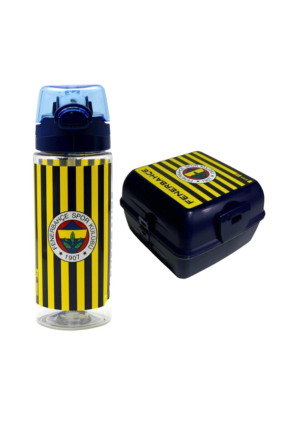 Fenerbahçe Çizgili Forma Desenli Plastik Matara 500 ML + Beslenme Kabı 4 Bölmeli Çatal Kaşıklı