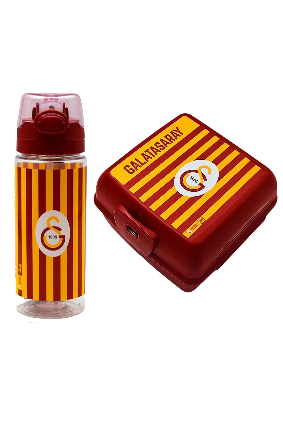 Galatasaray Çizgili Forma Desenli Plastik Matara 500 ML + Beslenme Kabı 4 Bölmeli Çatal Kaşıklı