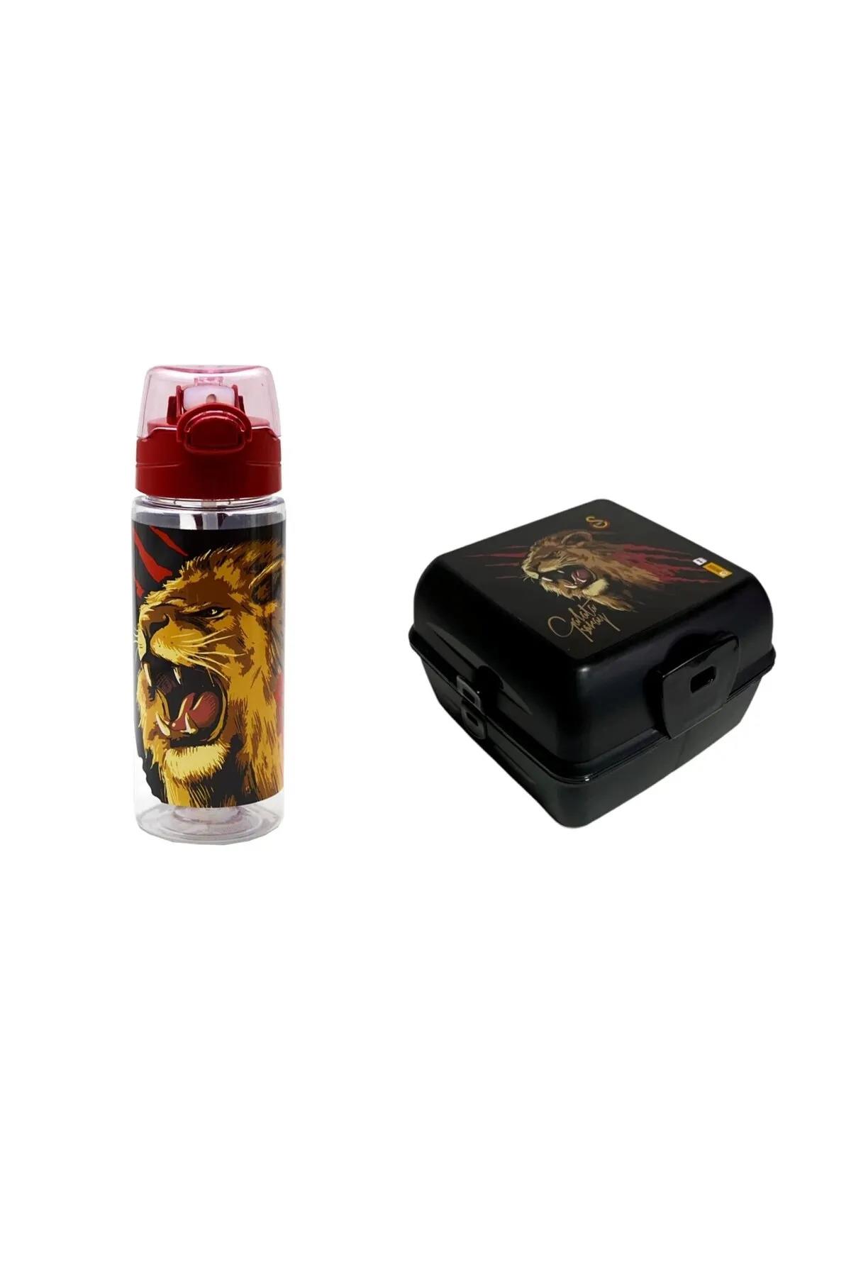 Galatasaray Kükreyen Aslan Baskılı Plastik Matara 500 ML + Beslenme Kabı 4 Bölmeli Çatal Kaşıklı