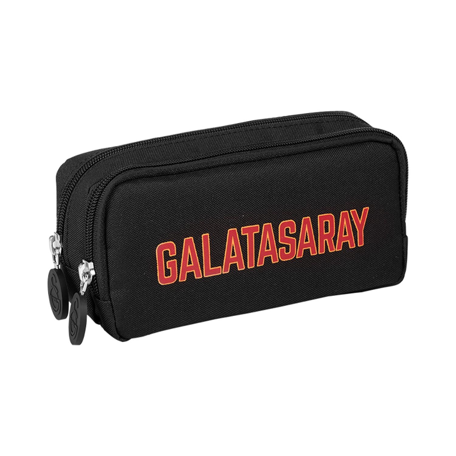 Galatasaray Lisanslı Kırmızı Yazı Baskılı Kalem Çantası 2 Bölmeli Kalemlik Siyah
