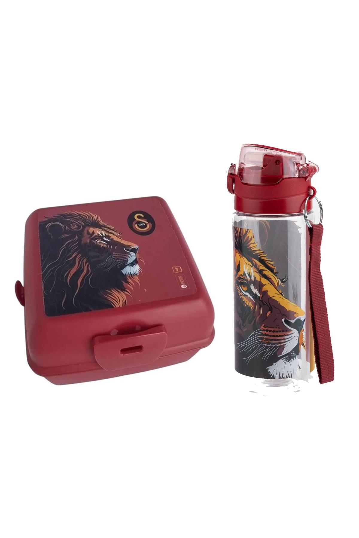 Galatasaray Plastik Aslan Baskılı Plastik Matara 500 ML + Beslenme Kabı 4 Bölmeli Çatal Kaşıklı