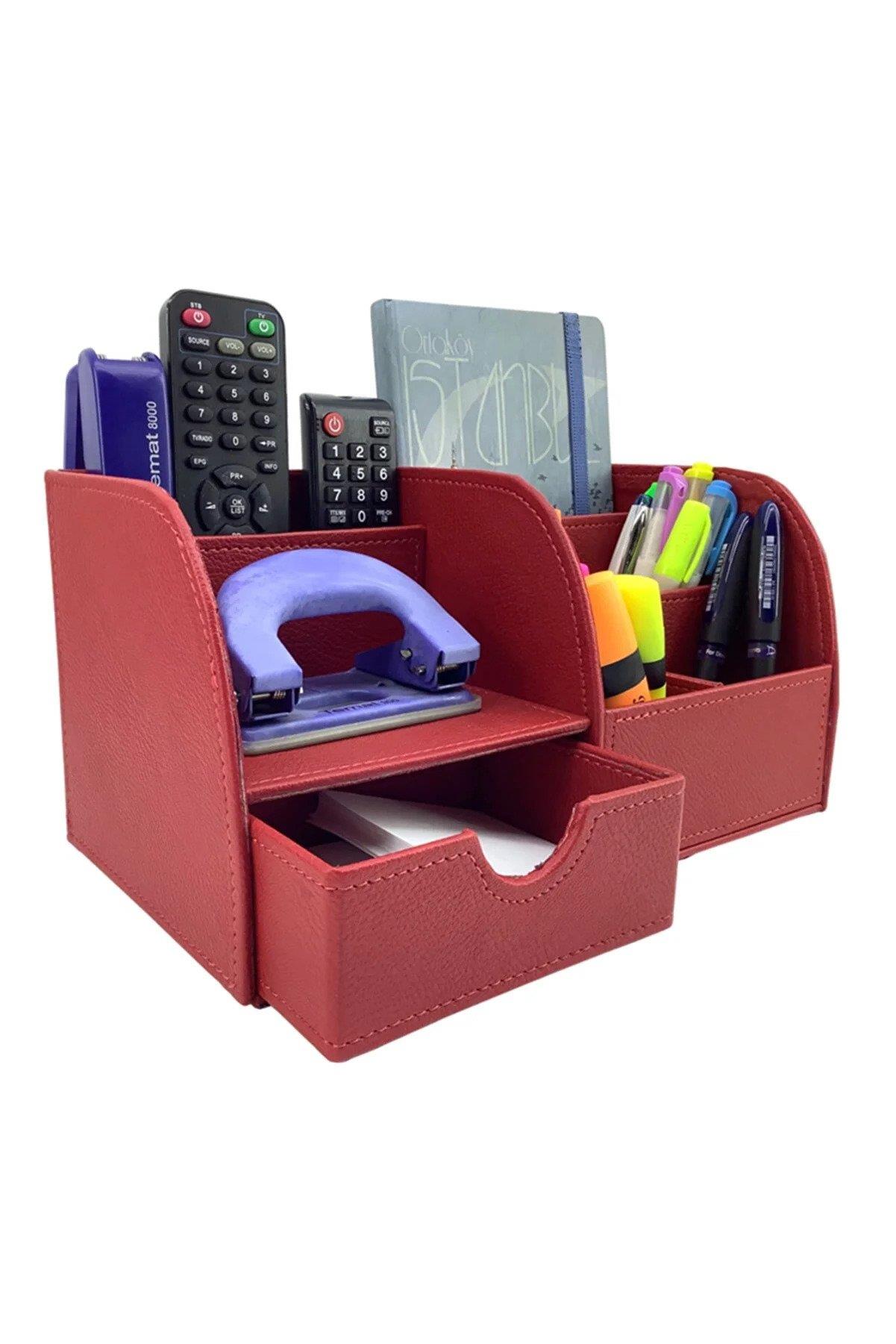 Inn Design Organizer Efsun Çekmeceli Deri Dokulu Kırmızı 27x15x15 Cm Masaüstü Organizer