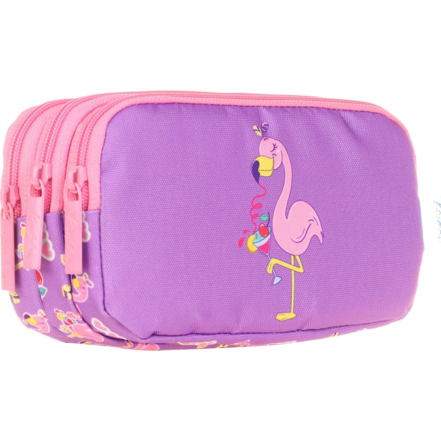 Kaukko Kalem Çantası Kids 3 Bölmeli Aynalı-Taşlı Flamingo