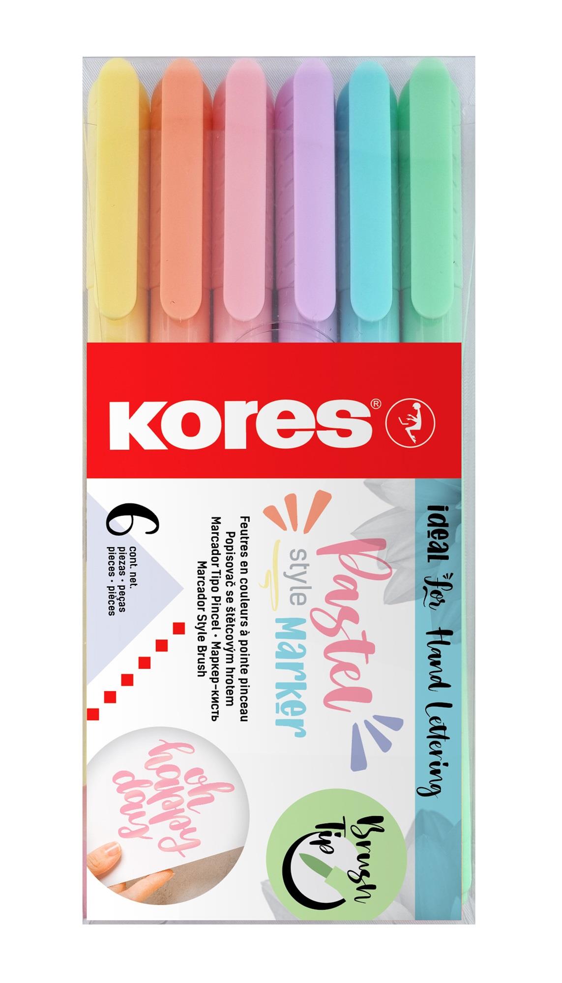 Kores Fırça Uçlu Pastel Fosforlu Kalem 6 Renk