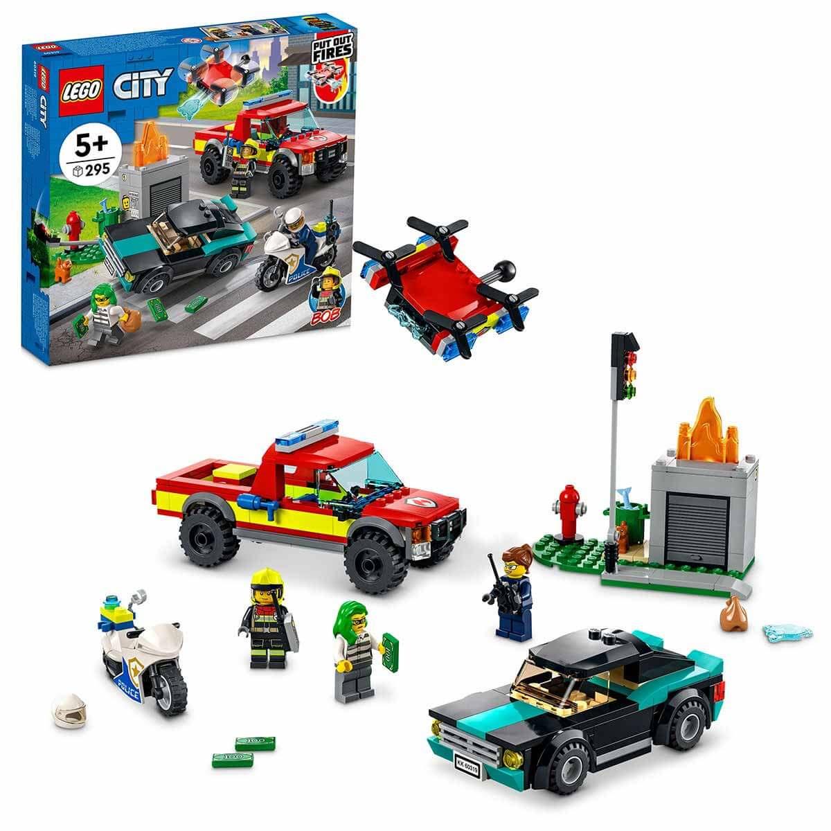 LEGO City İtfaiye Kurtarma Operasyonu ve Polis Takibi Çocuklar İçin İtfaiye Oyuncağı Yapım Seti (295 Parça)