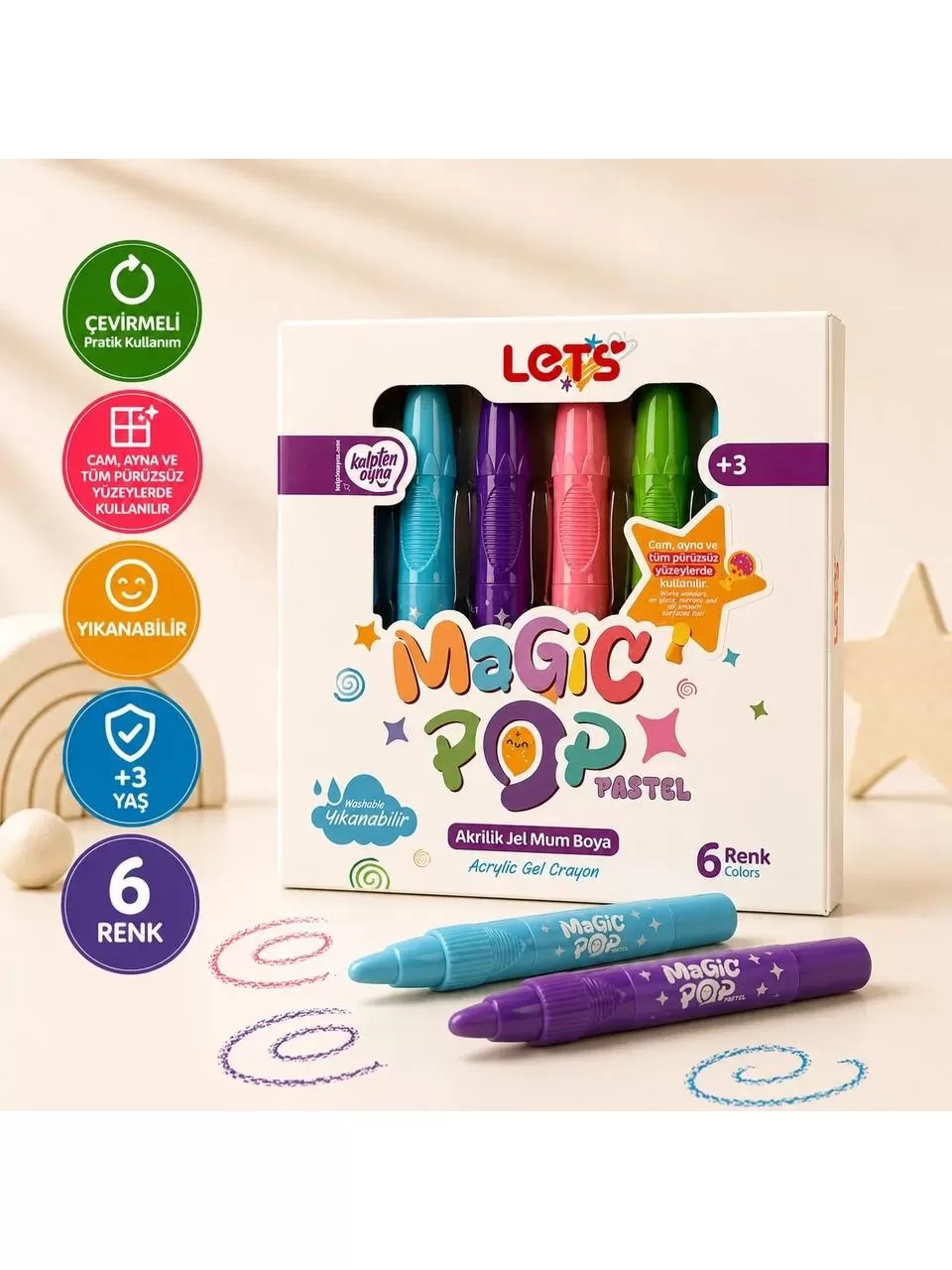 Let’s Magicpop Pastel Süper Yıkanabilir Mum Boya 6 Renk