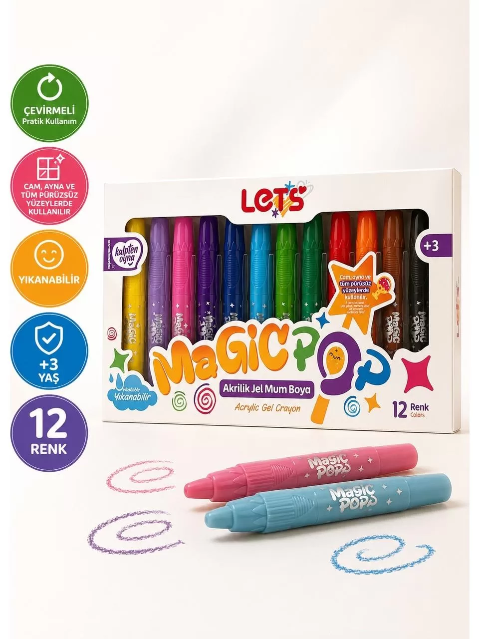 Let’s Magicpop Süper Yıkanabilir Mum Boya 12 Renk