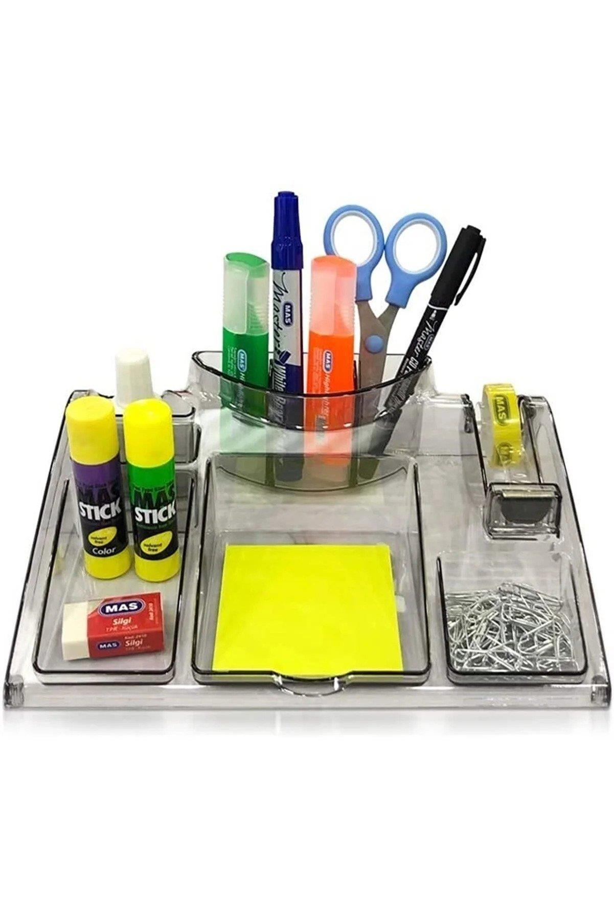 Mas Desk Organizer Trendy Şeffaf Gri Bant Mekanizmalı Masaüstü Organizer Kalemlik