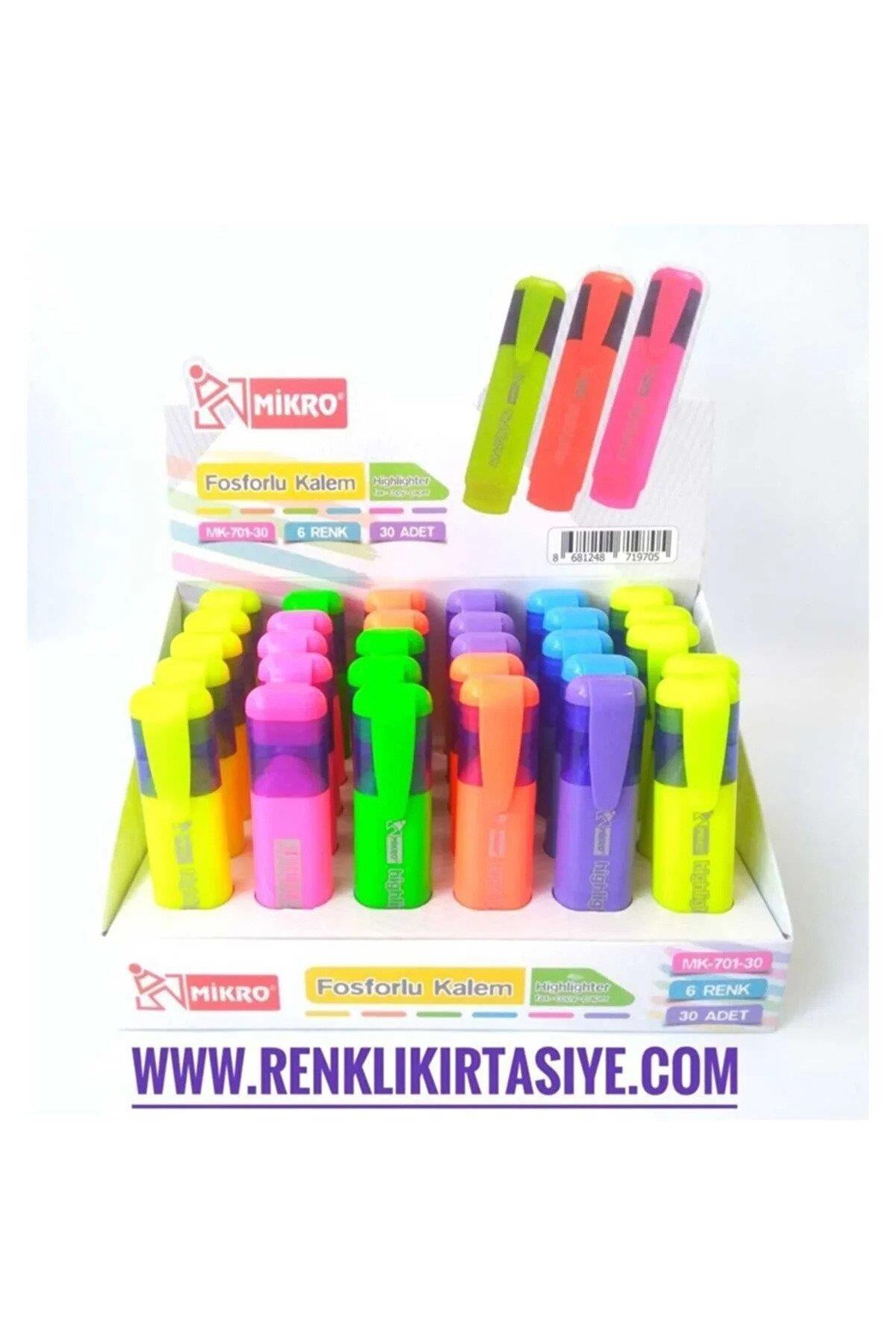 Mikro Fosforlu Kalem Karışık Renk Fosforlu İşaretleme Kalemi 6 Renk (30 Lu Paket)