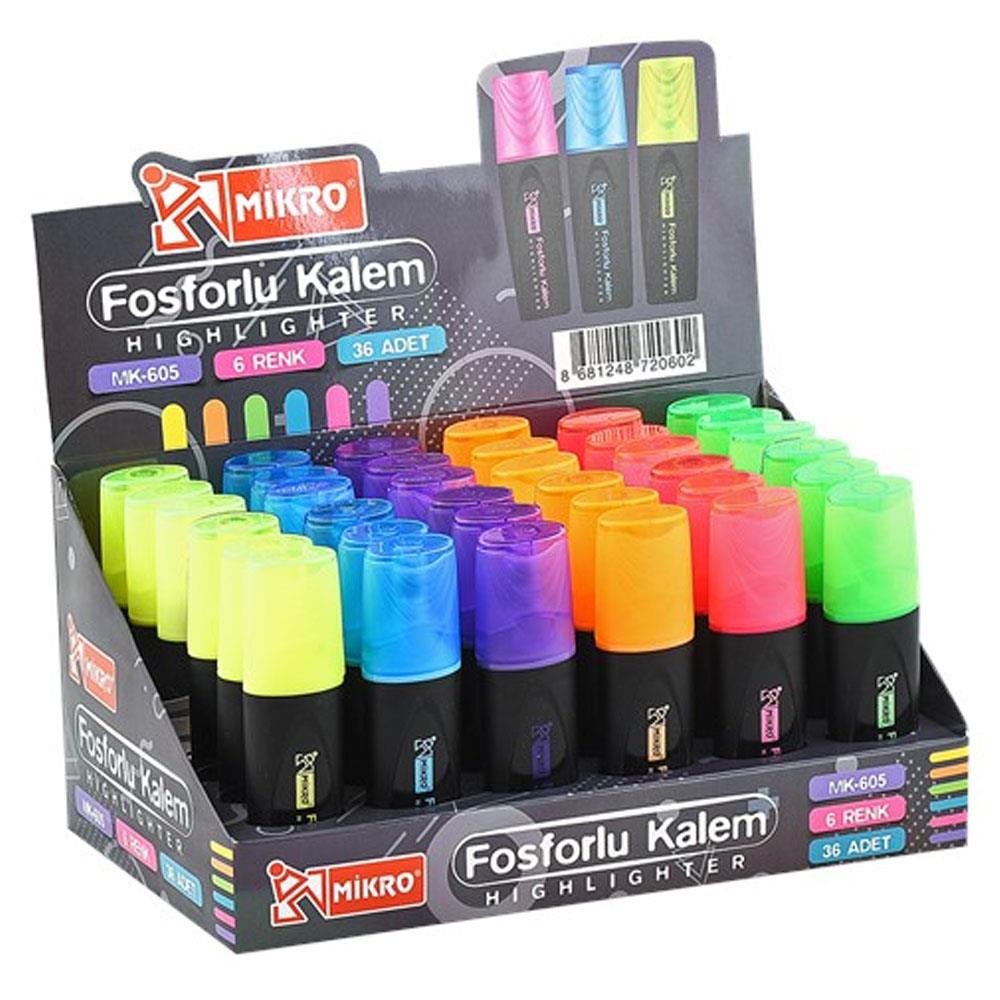 Mikro Fosforlu Kalem Renkli 6 Renk Fosforlu İşaretleme Kalemi (36 Lı Paket)