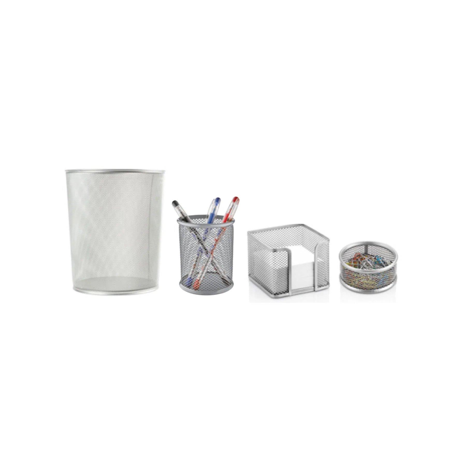 Mimaks Metal Set 4 Lü Metal Ofis Seti Çöp Kovası Kalemlik Küp Notluk ve Ataçlık Gri
