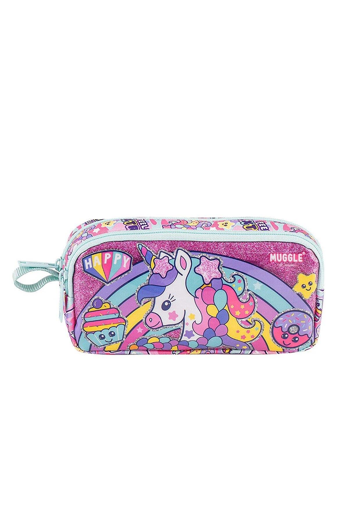 Muggle Kalem Çantası Happy Unicorn Pembe İki Bölmeli Kalemlik