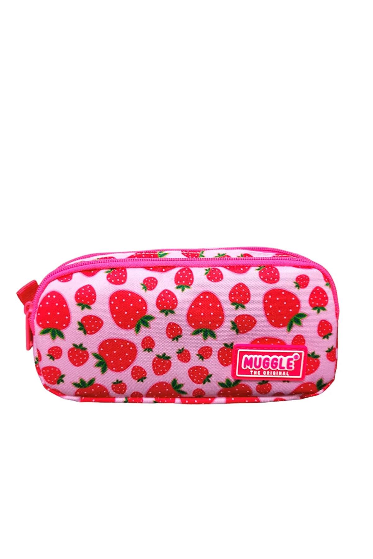 Muggle Kalem Çantası Stawberry Pembe İki Bölmeli Çilek Desenli Kalemlik