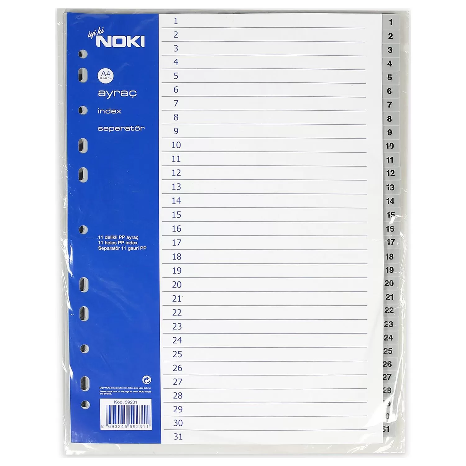 Noki Seperatör 1-31 Rakamlı Plastik A4 Dosya Ayraç Seperatör