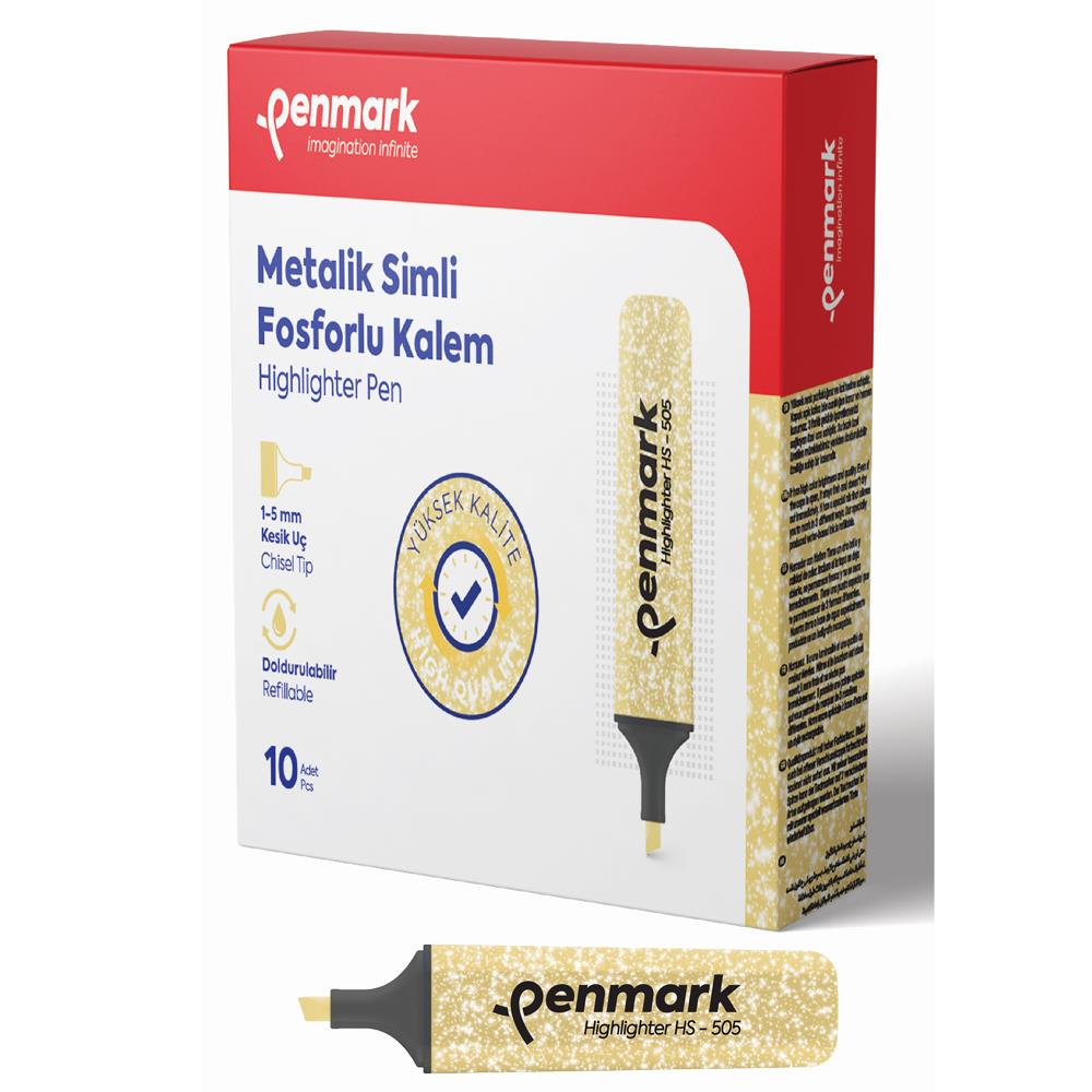 Penmark Fosforlu Kalem Metalik Simli Gold 1-5 MM Kesik Uçlu İşaretleme Kalemi (10 Lu Paket)
