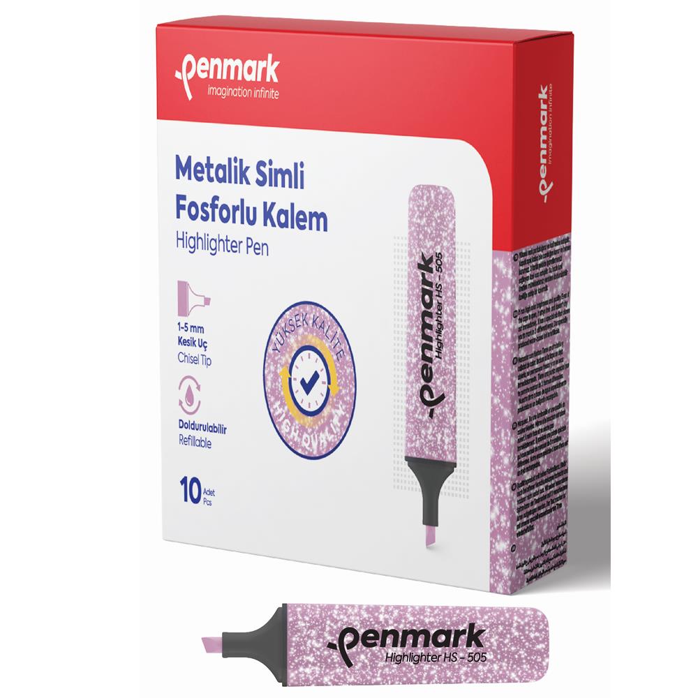 Penmark Fosforlu Kalem Metalik Simli Pembe 1-5 MM Kesik Uçlu İşaretleme Kalemi (10 Lu Paket)