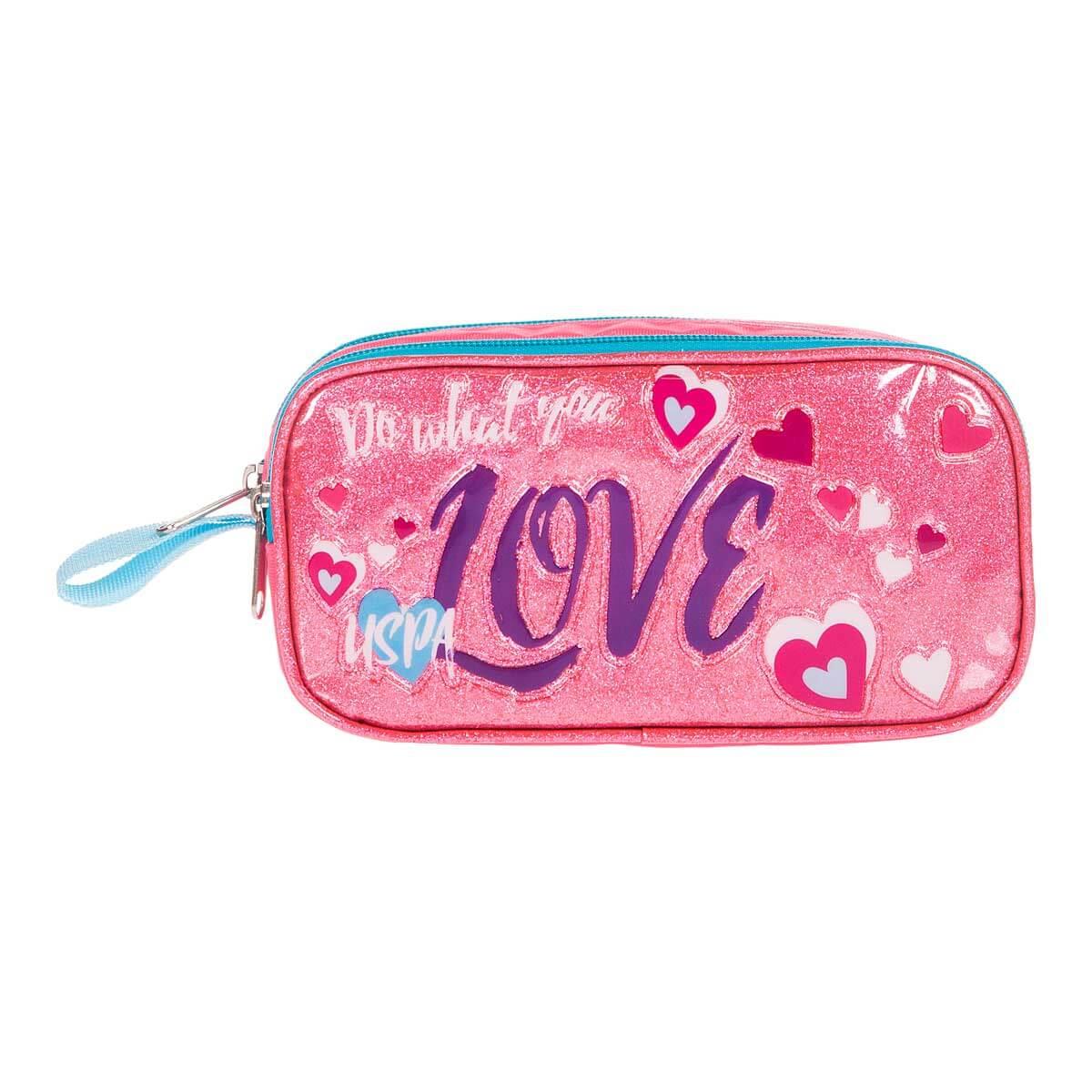 Polo Kalem Kutusu Love Yazılı Açık Pembe Çift Gözlü Kalemlik