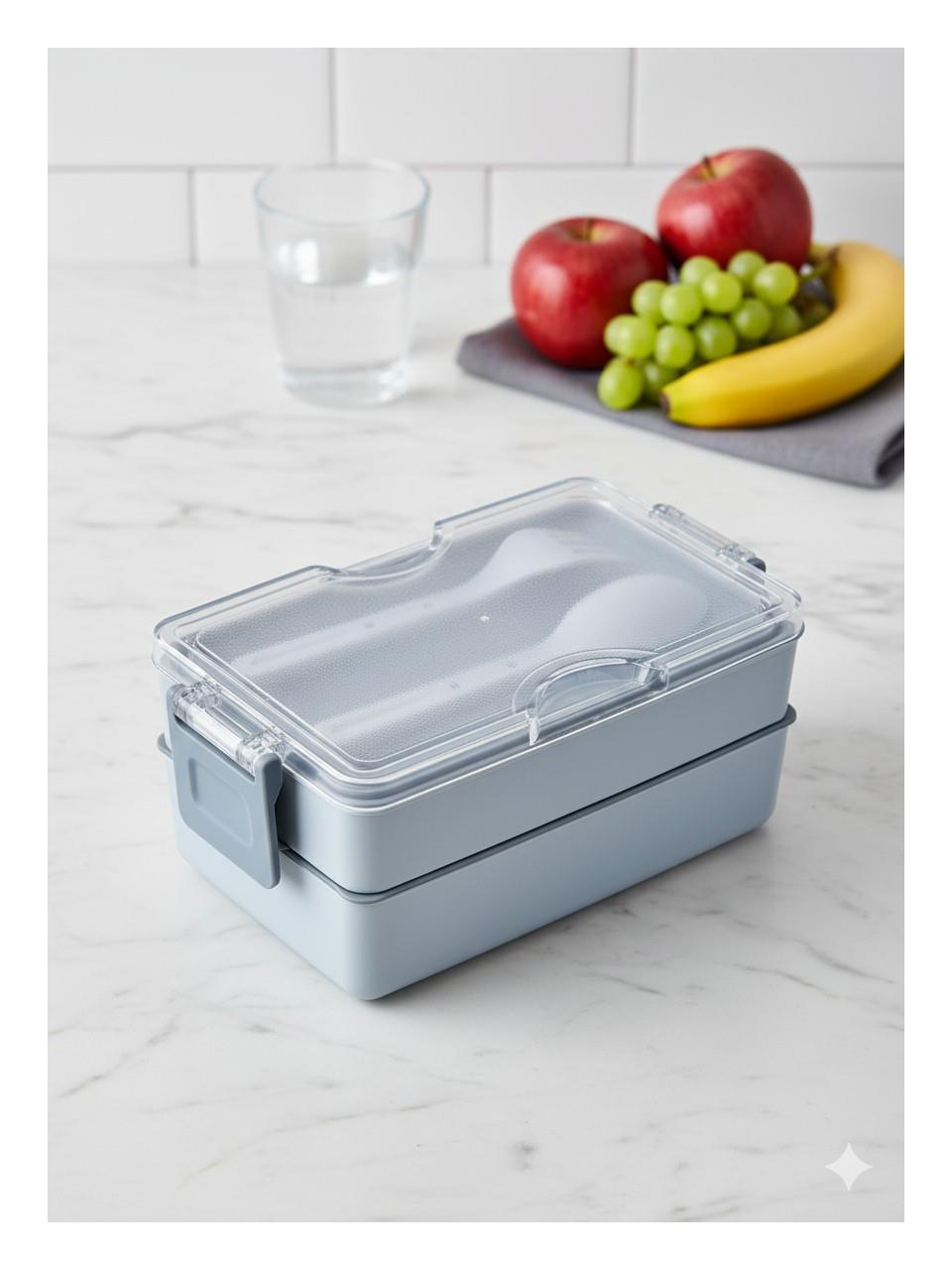 Relaxion 600 ML Lunch Box 2 Katlı Yemek Kutusu Çatal Kaşıklı Gri Beslenme Kutusu BPA İÇERMEZ