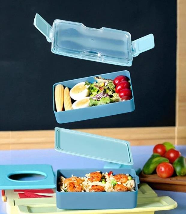 Relaxion 600 ML Lunch Box 2 Katlı Yemek Kutusu Çatal Kaşıklı Mavi Beslenme Kutusu BPA İÇERMEZ