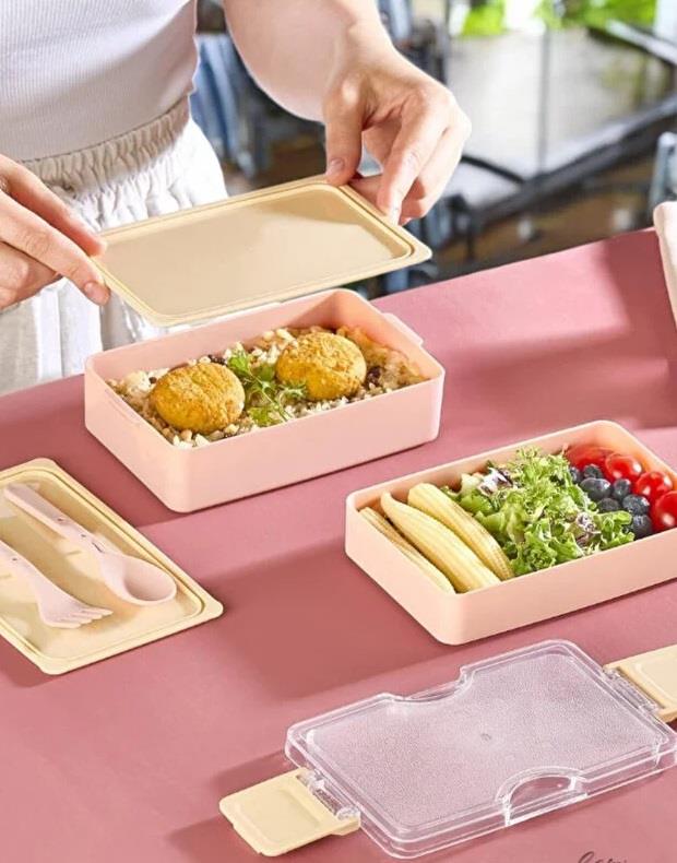 Relaxion 600 ML Lunch Box 2 Katlı Yemek Kutusu Çatal Kaşıklı Pembe Beslenme Kutusu BPA İÇERMEZ