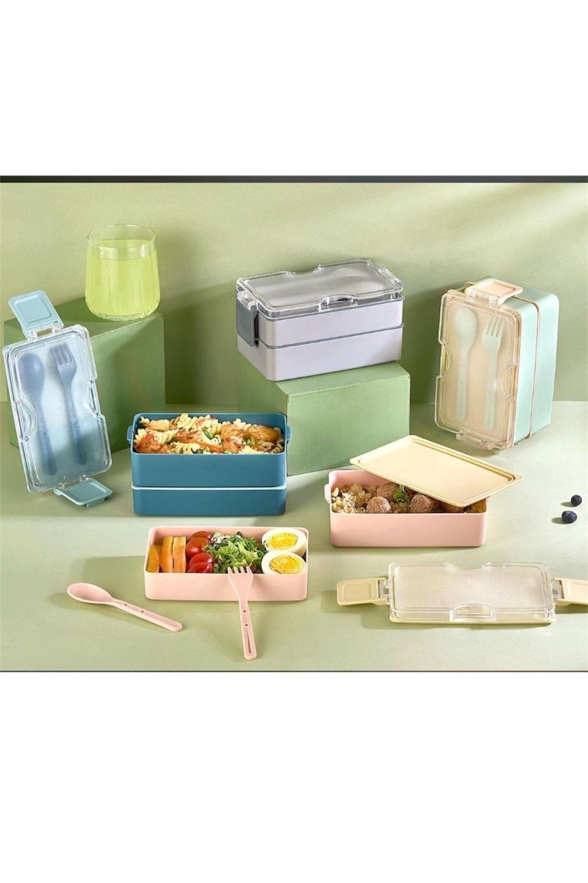 Relaxion 600 ML Lunch Box 2 Katlı Yemek Kutusu Çatal Kaşıklı Yeşil Beslenme Kutusu BPA İÇERMEZ