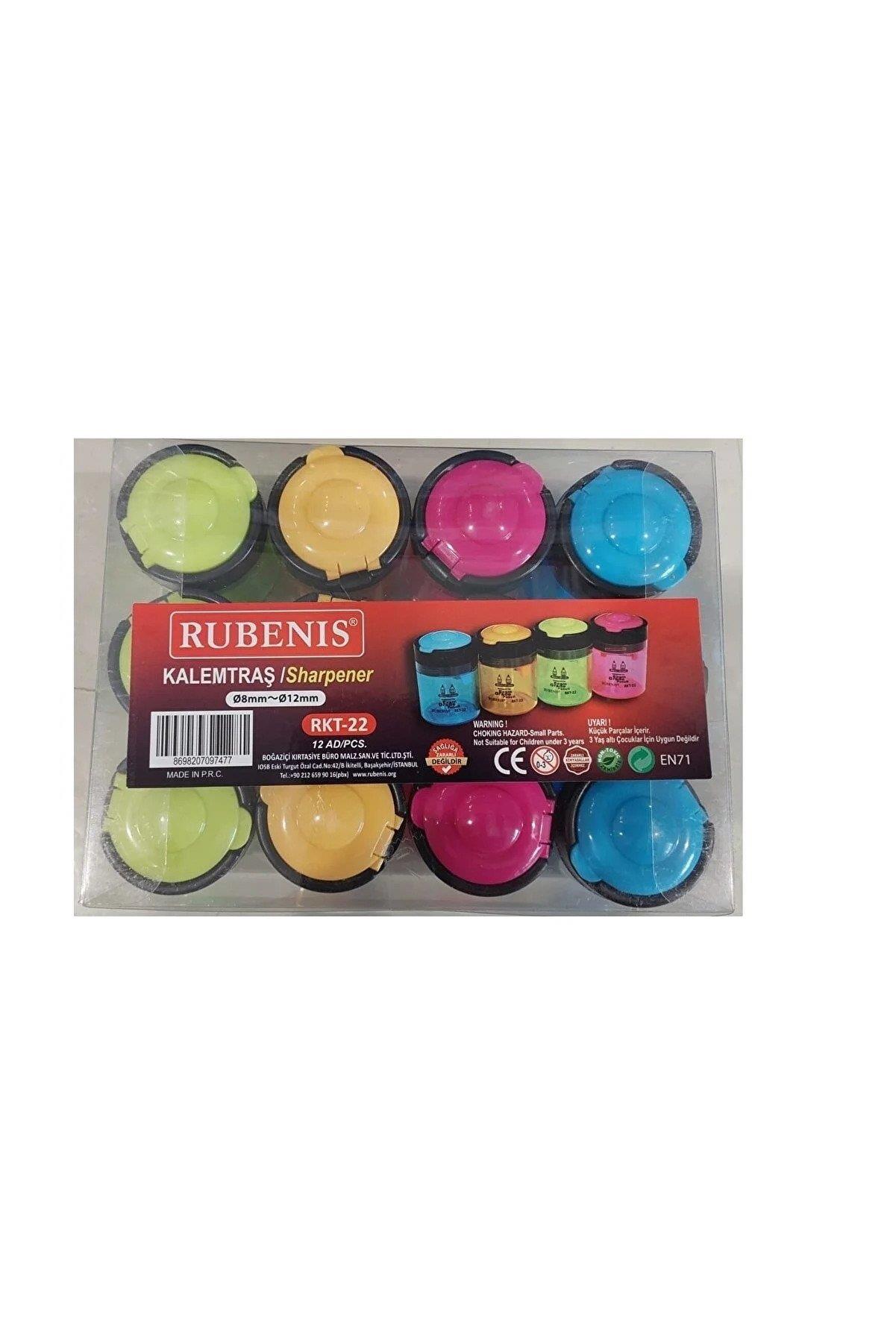 Rubenis Kalemtıraş Kapaklı Çift Açacaklı 4 Renk Öğrenci Kalemtraş (12 Li Paket)
