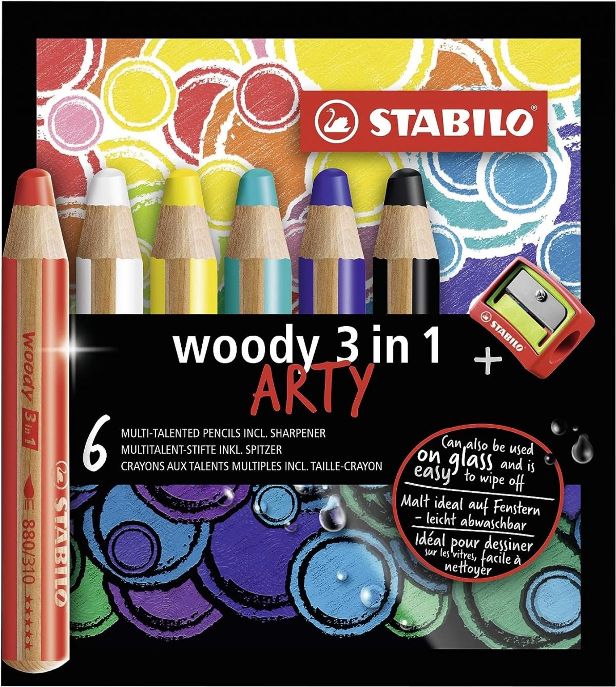 Stabilo Woody Arty 3ü 1 Arada Mum Boya - Kuru Boya - Sulu Boya 6 Renk + Kalemtıraş