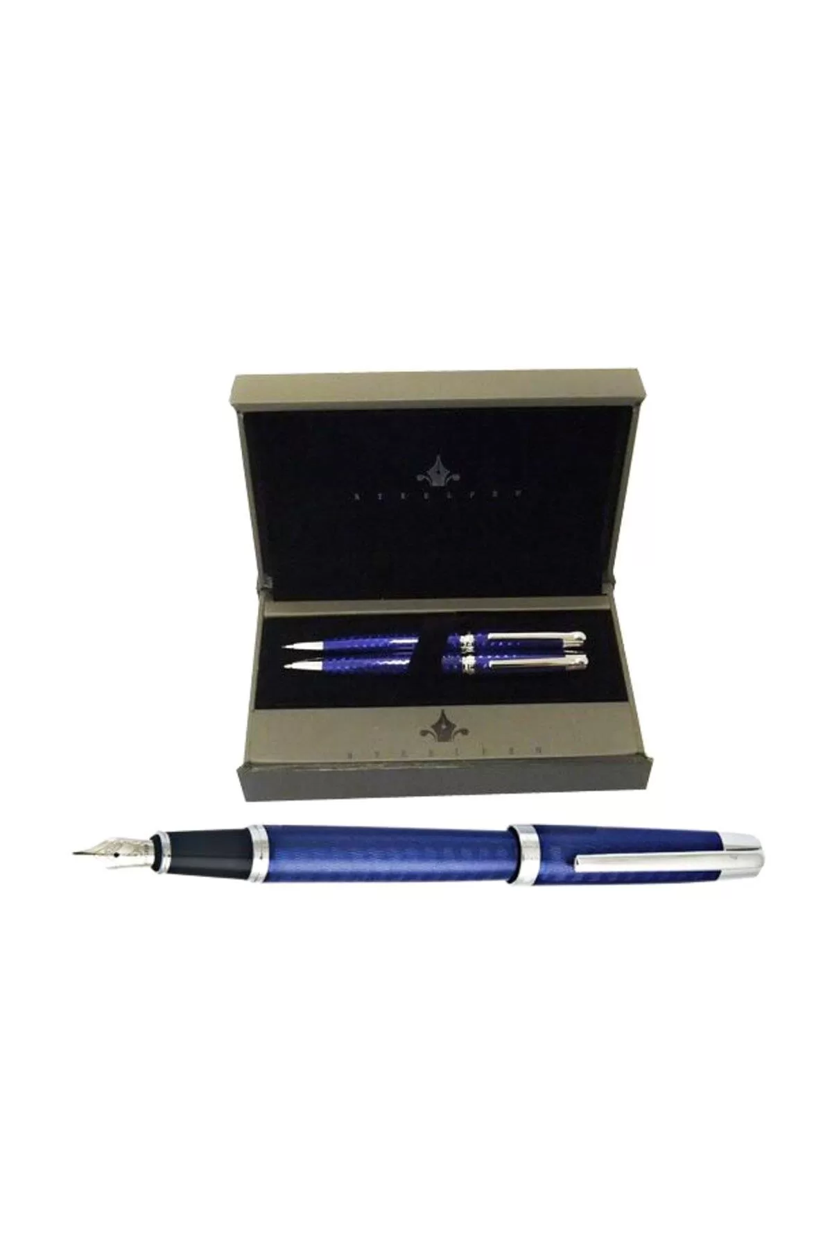 Steel Pen Takım Kalem Dolma Kalem + Tükenmez Kalem Set Mavi Lake Krom
