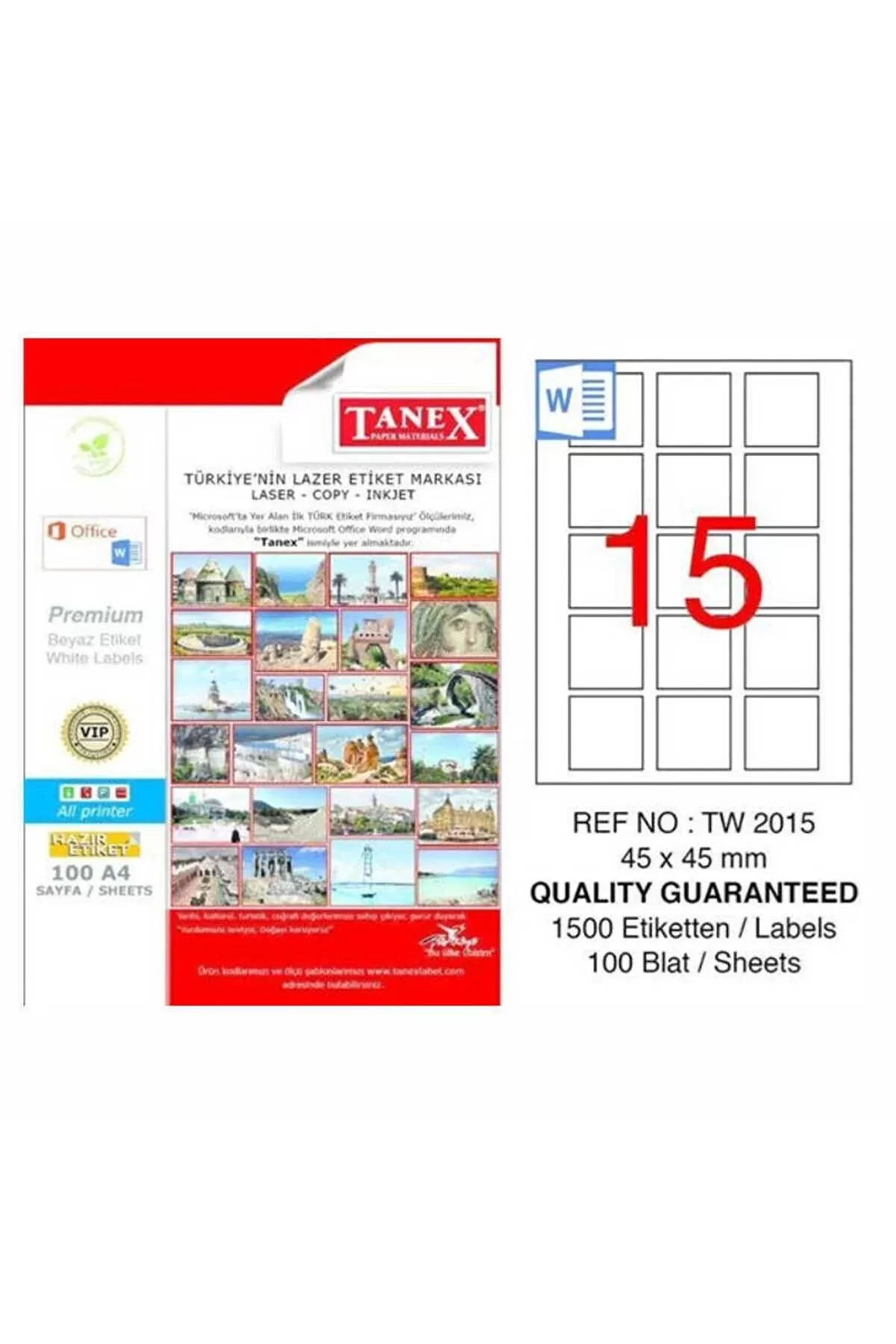Tanex Lazer Etiket 100 YP 45x45 MM Laser-Copy-Inkjet TW-2015