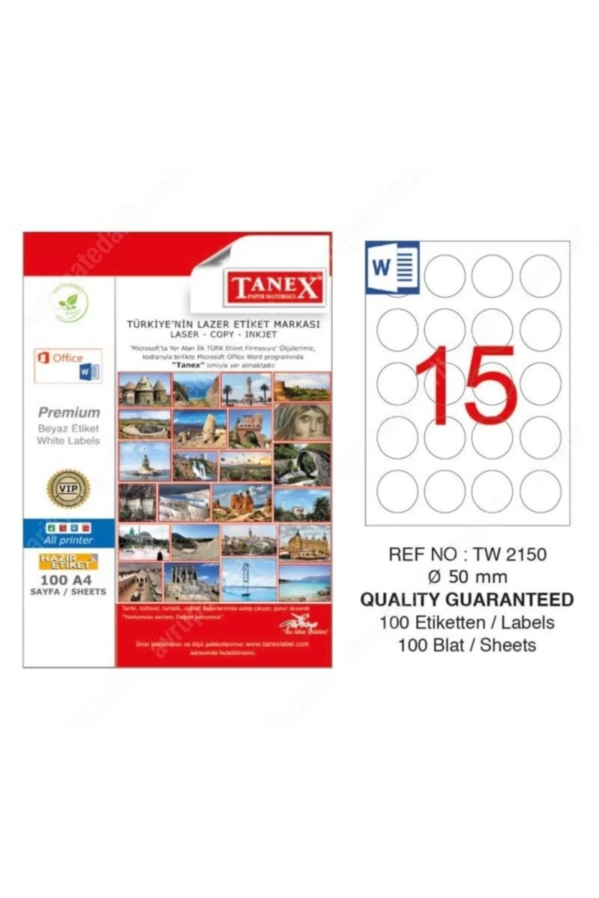 Tanex Lazer Etiket 100 YP 0.50 MM Laser-Copy-Inkjet Yuvarlak TW-2150