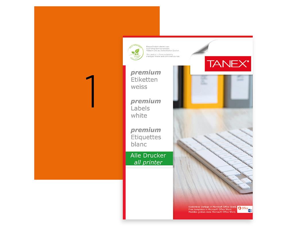 Tanex Lazer Etiket 210 x 297 MM 100 Yaprak Fosforlu Turuncu Lazer Yazıcı Etiketi