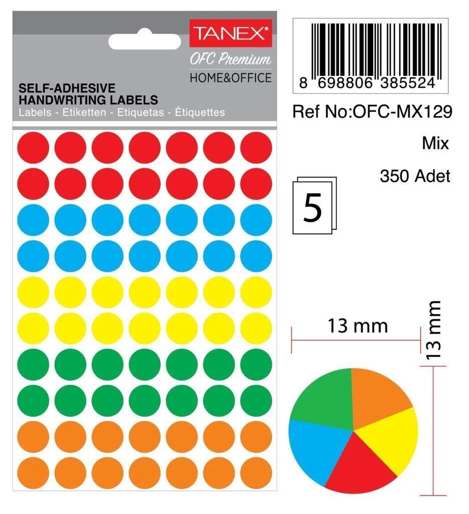 Tanex Mix Color Ofis Etiketi 13 MM Yuvarlak Ofis Etiketi 5 Yaprak (10 Lu Paket)