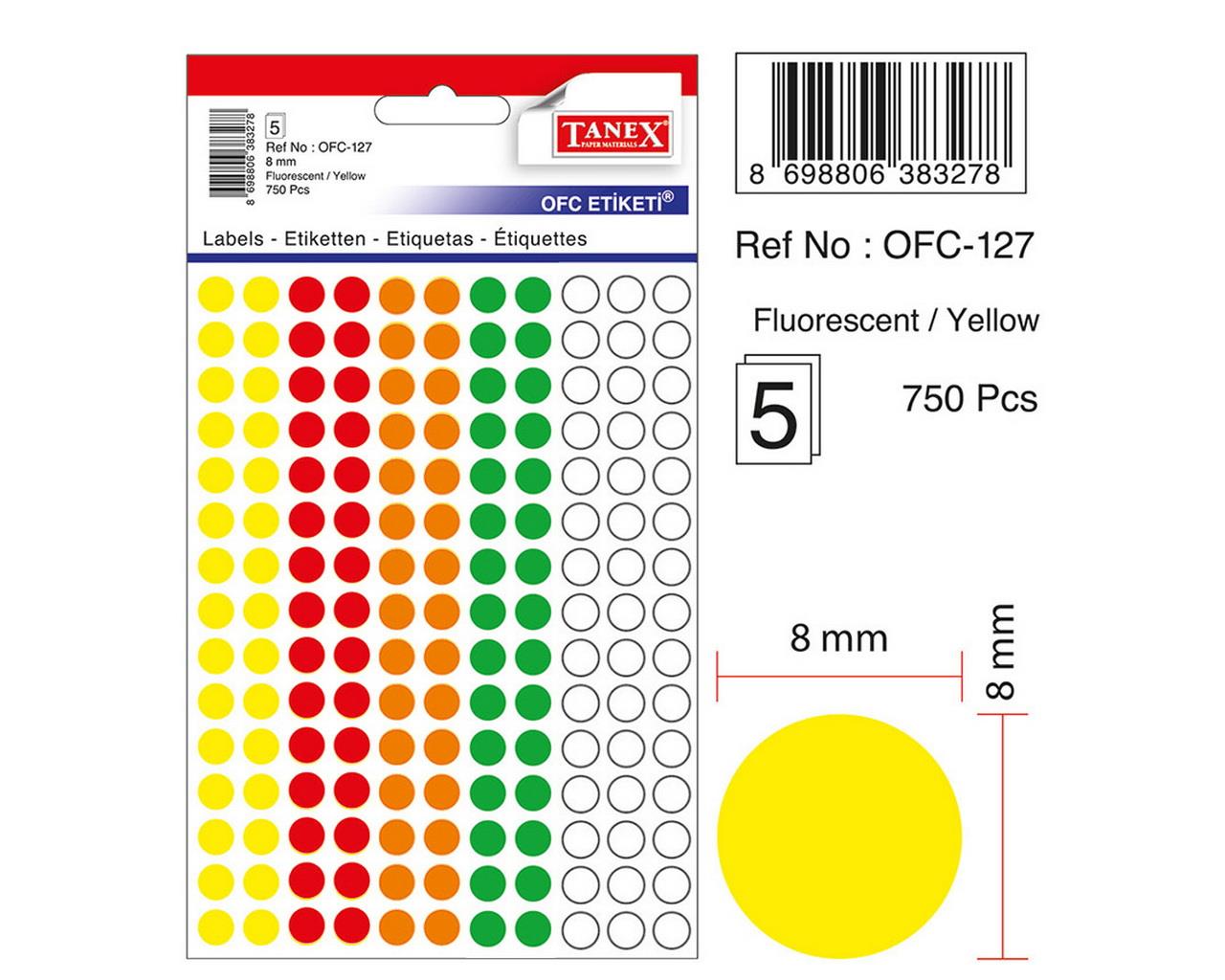 Tanex Mix Color Ofis Etiketi 8 MM Yuvarlak Ofis Etiketi 5 Yaprak (10 Lu Paket)