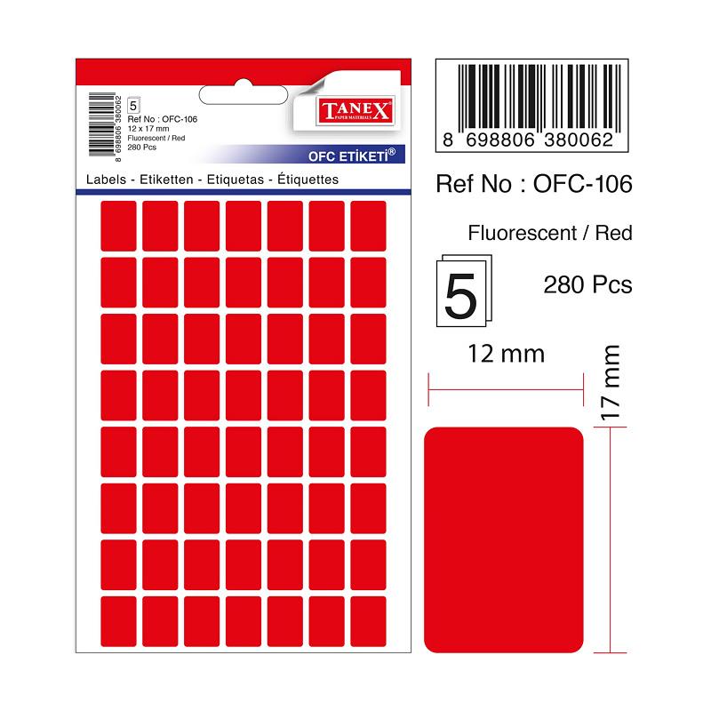 Tanex Ofis Etiketi Poşetli 12x17 Mm Fosforlu Kırmızı Ofis Etiketi 5 Yaprak (10 Lu Paket)