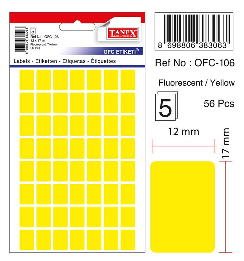 Tanex Ofis Etiketi Poşetli 12x17 Mm Fosforlu Sarı Ofis Etiketi 5 Yaprak (10 Lu Paket)